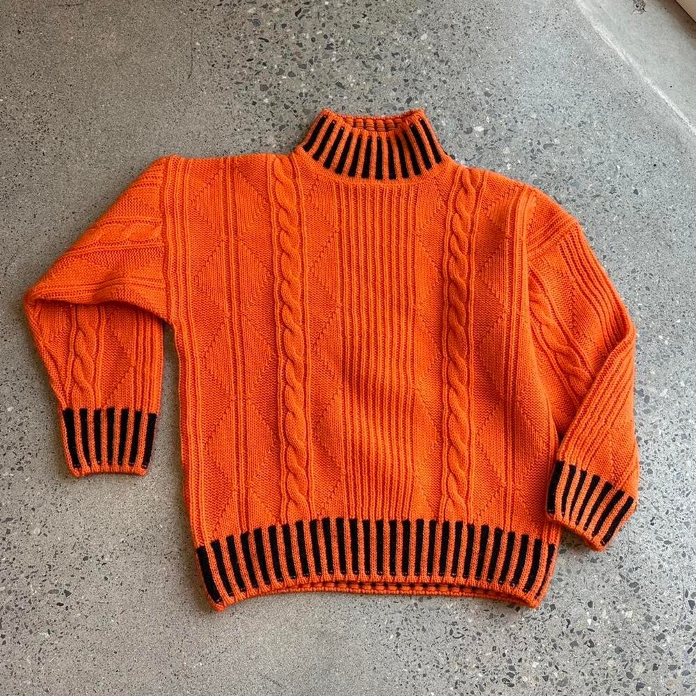 Esprit Women’s Small Sweater Orange Wool Cable Knit Mock Neck Sweater Vintage